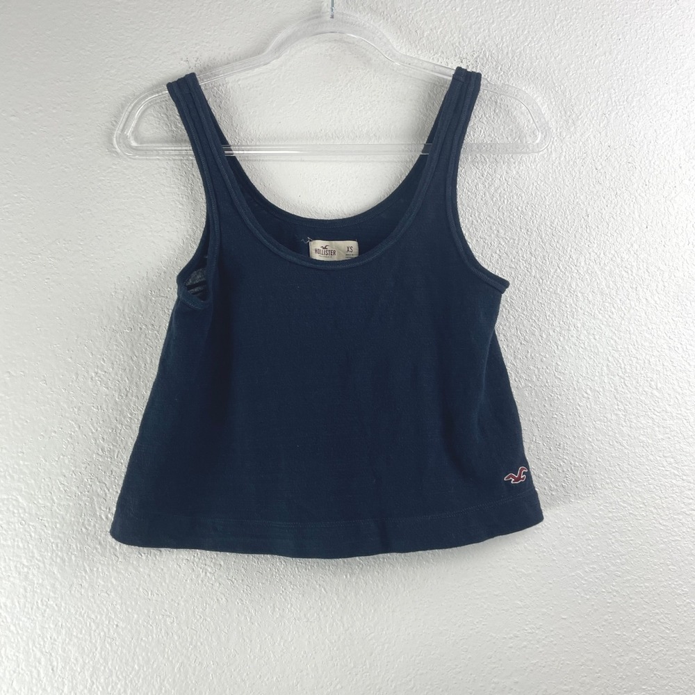 Hollister Womens Navy Blue Scoop Neck Crop Tank Top Embroidered Logo XS